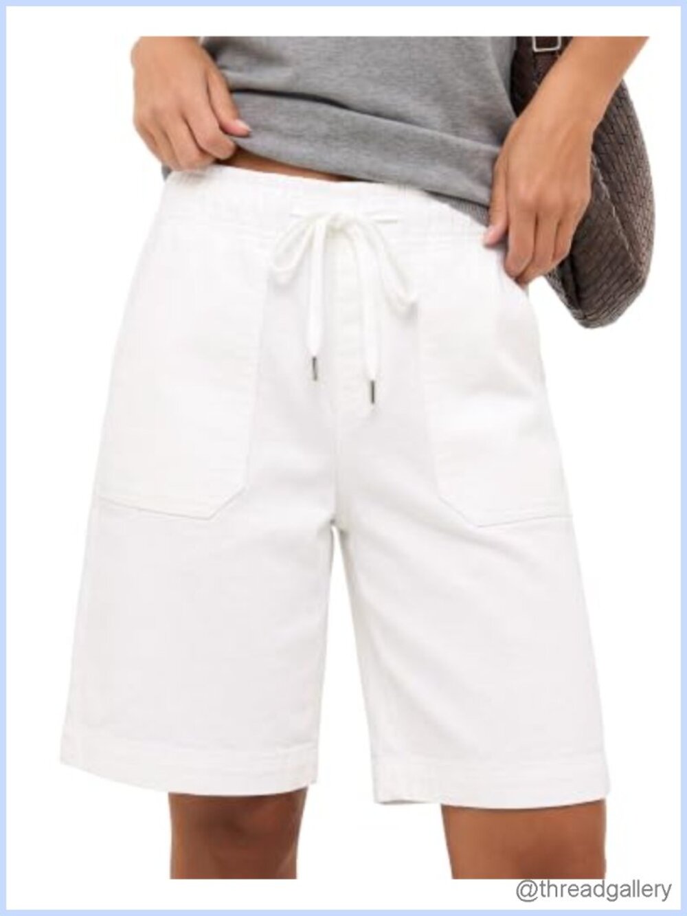 High waisted pull on stretchy denim Bermuda shorts womens jorts with pockets
